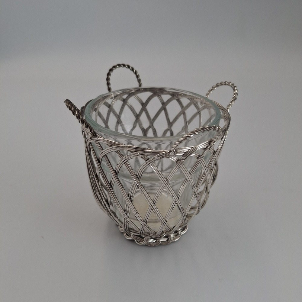 Woven Wire Basket with Handles Silver Tone Metal 3"x3" Lattice Design Candle